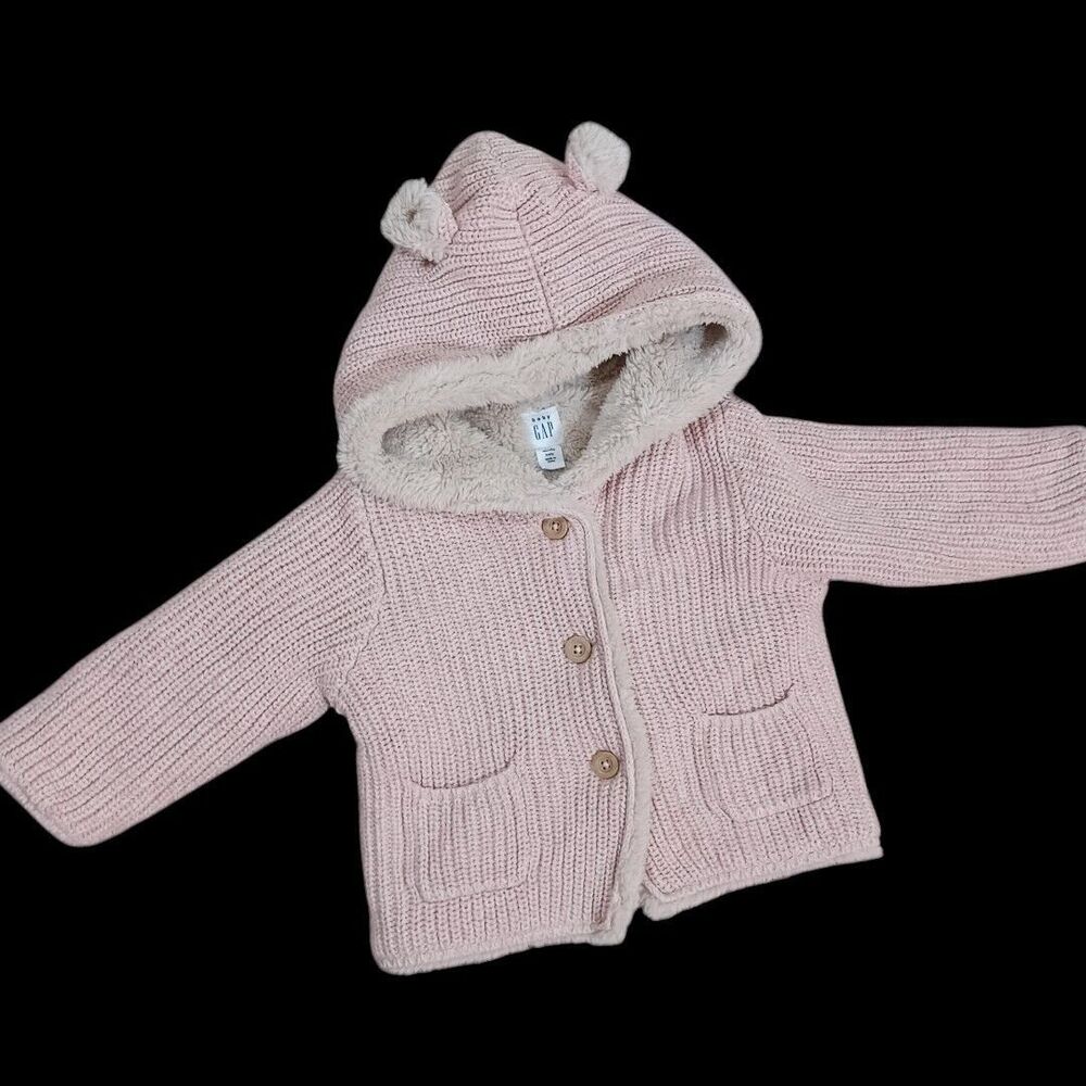 Baby Gap Button Up Knit Sherpa Brannan Bear Sweater 6-12 Months Pale Pink Brown